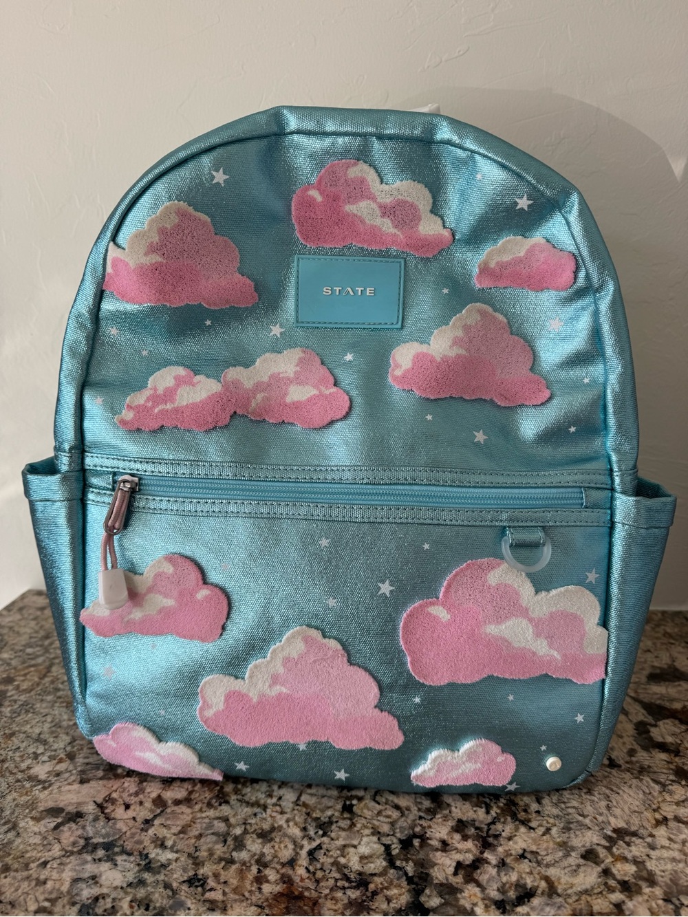 STATE Kids Metallic Teal Backpack with Pink Cloud Appliqués - Picture 3 of 4
